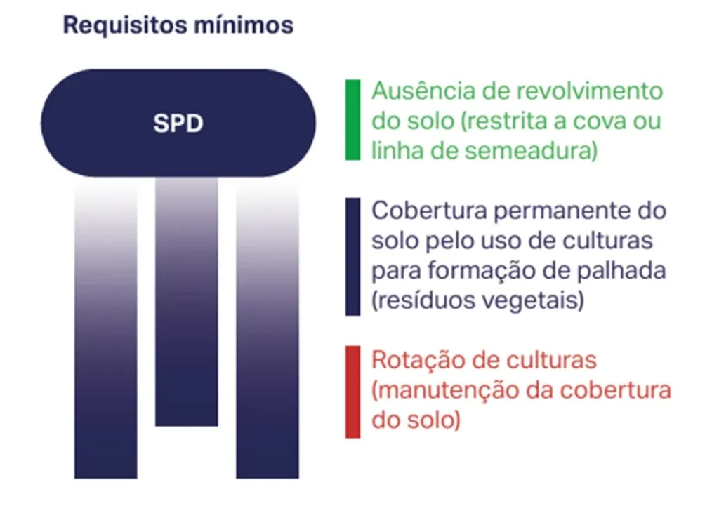 Pré-requisitos mínimos para o sistema de plantio direto: manter cobertura, diversificar rotação, mínimo revolvimento.
