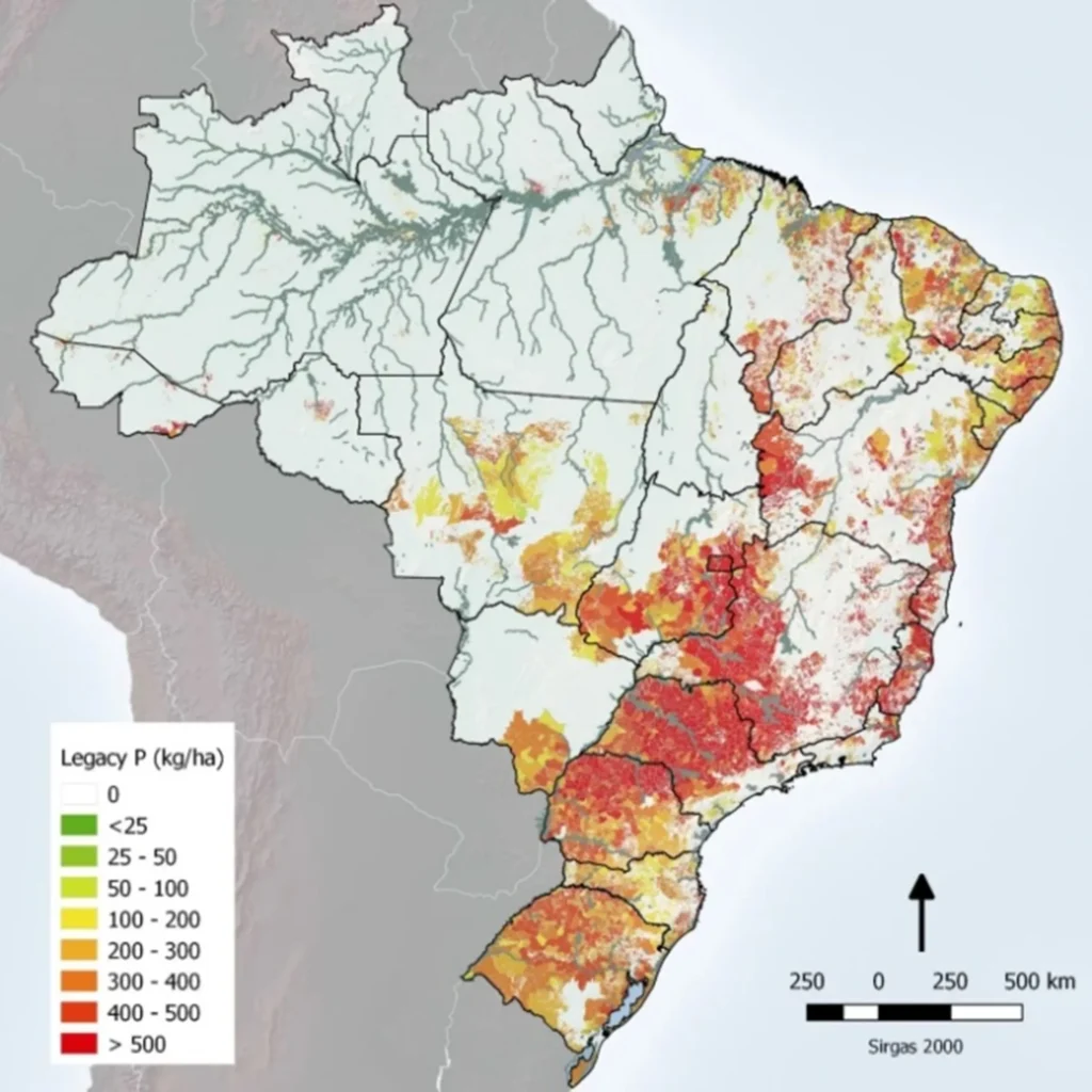 mapa de acúmulo de fósforo no solo (P no solo) no Brasil