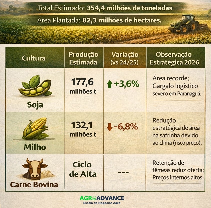projeção da produção de grãos no Brasil (soja, milho e carne) em 2026
