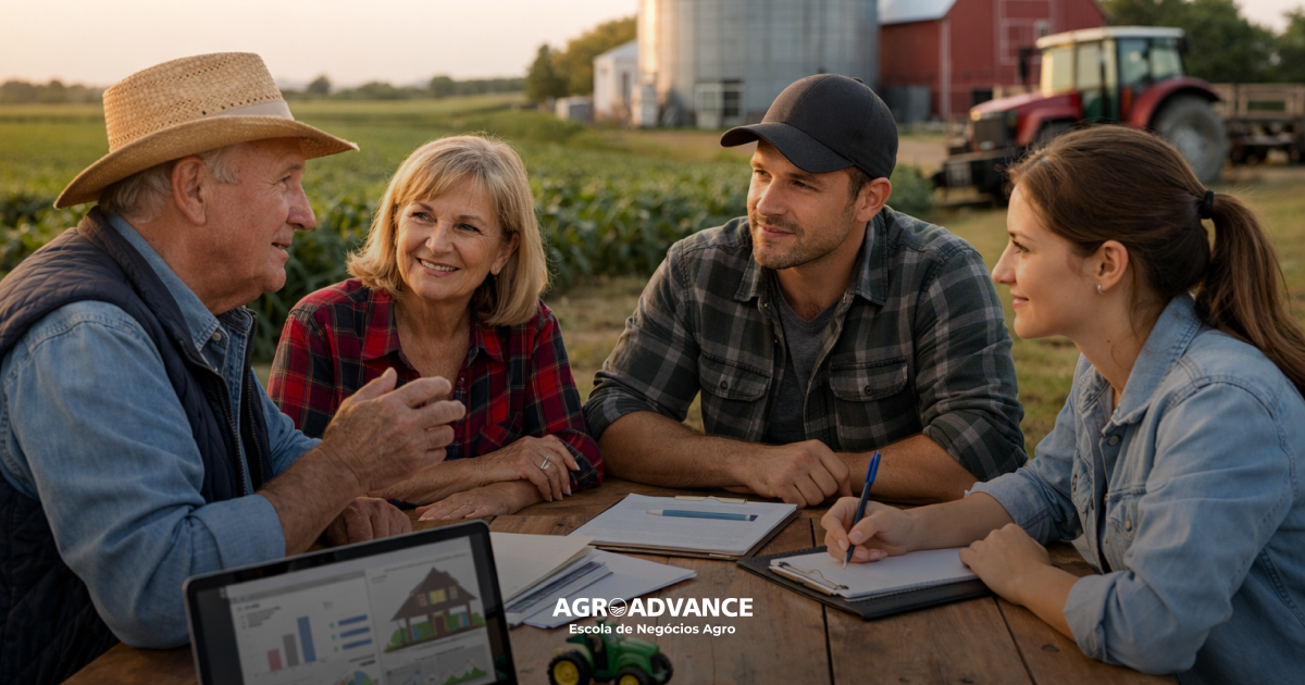 Família empresária do agronegócio discutindo governança familiar
