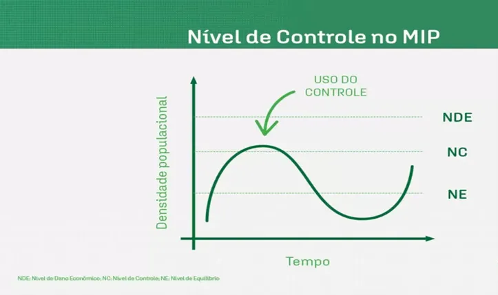 Relação entre Nível de Equilíbrio (NE), Nível de Controle (NC) e Nível de Dano Econômico (NDE) no Manejo Integrado de Pragas (MIP).