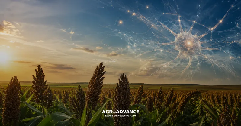 Campo com céu e rede neural, memória em plantas.