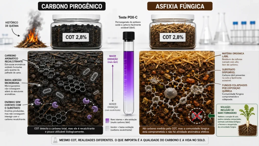 À esquerda, carbono pirogênico inerte. À direita, carbono disponível com microbiota fungicida inibida.