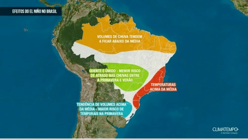 Mapa do Brasil mostrando efeito do el Niño 2026