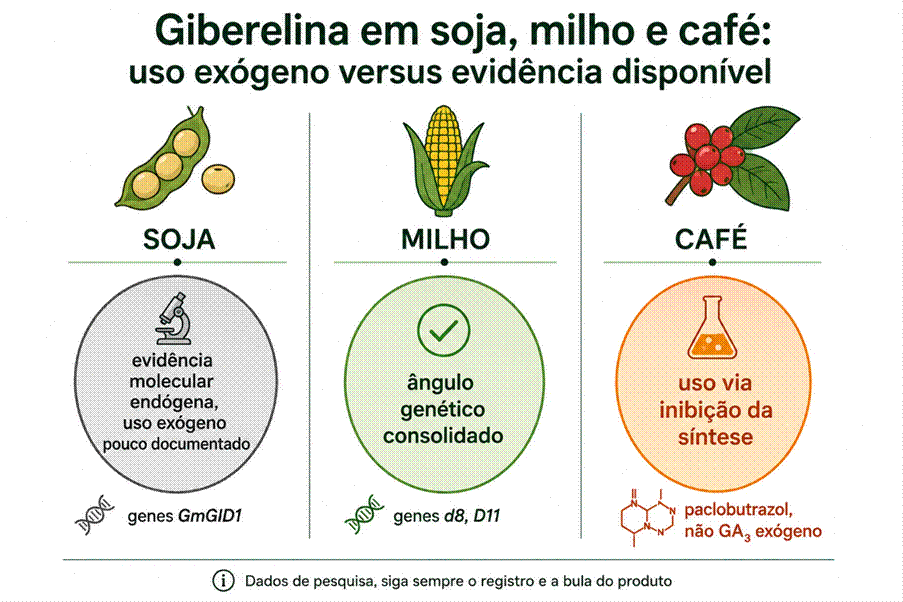 Giberelina em soja, milho e café: uso comercial exógeno versus evidência disponível.