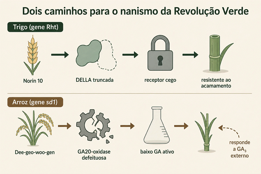 Linha do tempo comparativa. Dois caminhos para o nanismo da Revolução Verde: bloqueio de percepção (trigo, gene Rht) versus deficiência de síntese (arroz, gene sd1).