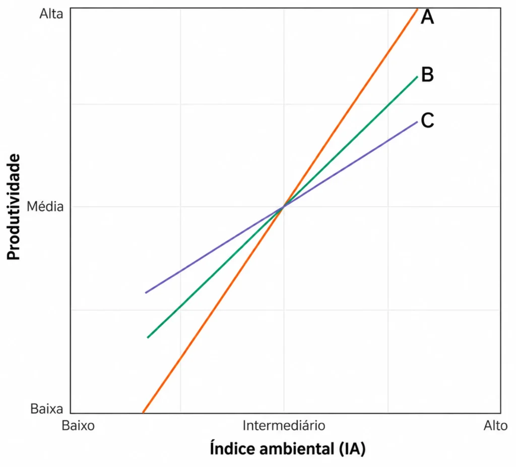 Resposta produtiva de três genótipos em função do índice ambiental.